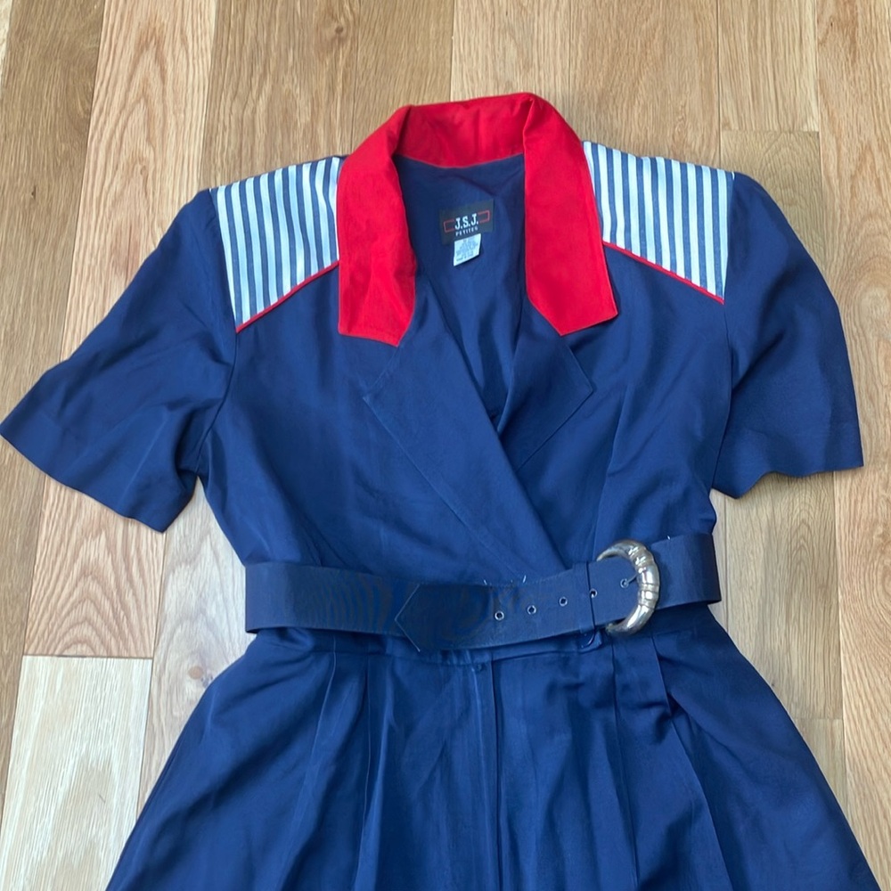 Vintage Navy Blue Belted Romper with Red Collar! - Picture 3 of 6